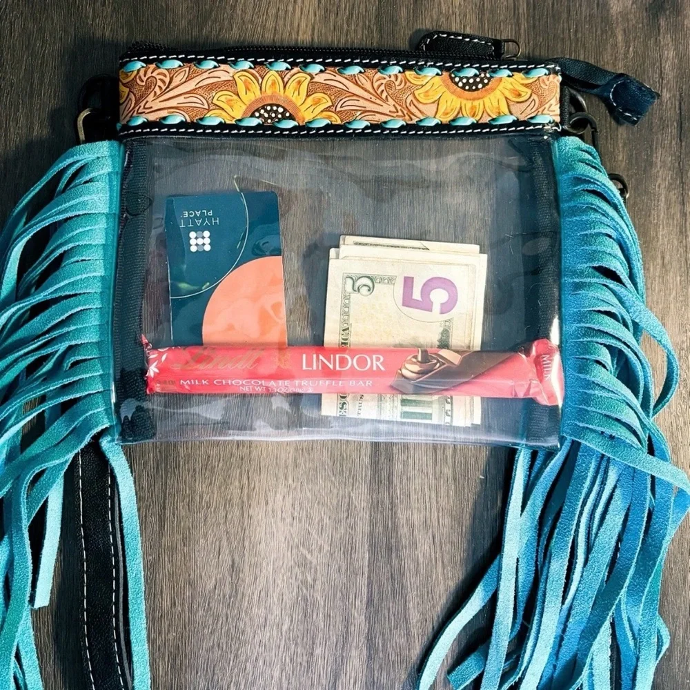 Vibrant Sunflower Women's Shoulder Bag with Blue Fringe Unworn display model - Picture 2 of 8